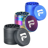 Pulsar GR745 5-piece herb/wax storage grinders in black, blue, and rainbow colors, front view