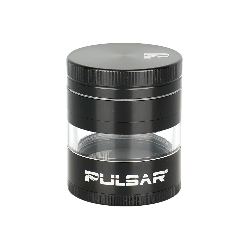 Pulsar Solid Top Side Window Grinder, 4-piece 2.5" aluminum, for dry herbs, front view on white