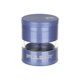 Pulsar Solid Top Side Window Grinder in Blue - 4pc Aluminum 2.5" for Dry Herbs, Front View