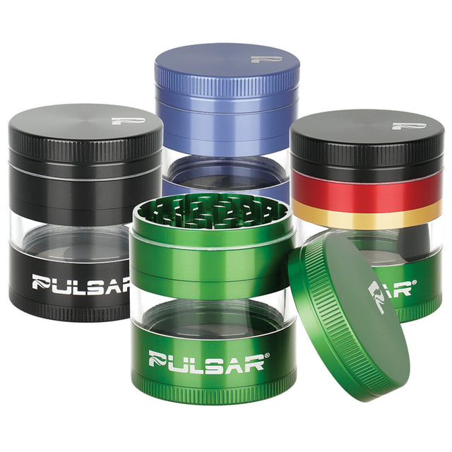 Assorted Pulsar Solid Top Side Window Grinders, 4pc, 2.5" Diameter, for Dry Herbs