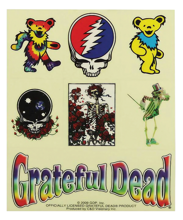 Grateful Dead themed 7-piece sticker sheet with iconic band imagery, front view