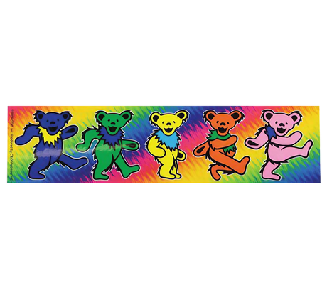 Grateful Dead Dancing Bear Bumper Sticker, 2"x8", vibrant tie-dye background, front view