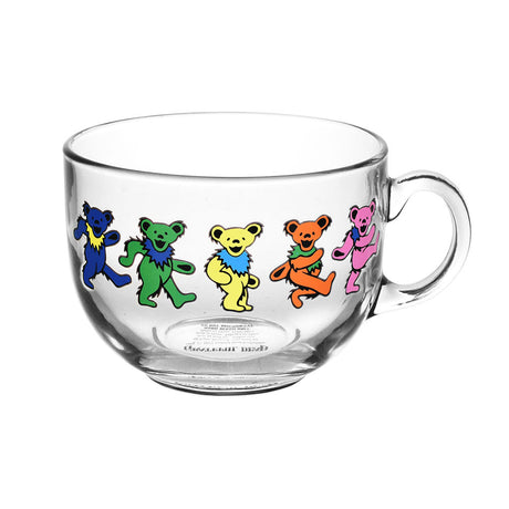 Clear Grateful Dead 22oz glass soup mug with colorful dancing bears design, side view on white background