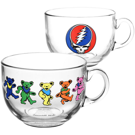Grateful Dead 22oz clear glass soup mug with colorful dancing bears design, front and back view