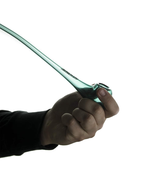 GRAV 10" Gandalf Hand Pipe in Amber, Side View Held in Hand, Borosilicate Glass, Easy Grip