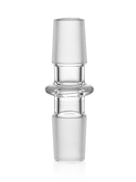 GRAV 19mm clear borosilicate glass male-to-male joint adapter for bongs, front view on white background