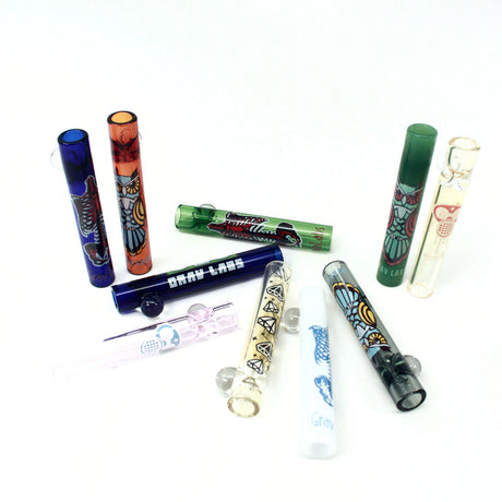 Assorted GRAV 3" 12mm Glass Tasters with Whimsical Decals, Borosilicate Hand Pipes, 10 Pack