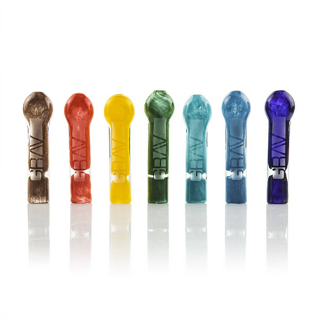 Assortment of GRAV 3' Chillum hand pipes in various colors, made with borosilicate glass, compact design
