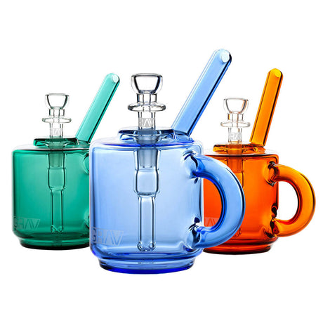 GRAV Coffee Mug Pocket Bubblers in green, blue, and orange borosilicate glass with 10mm female joint