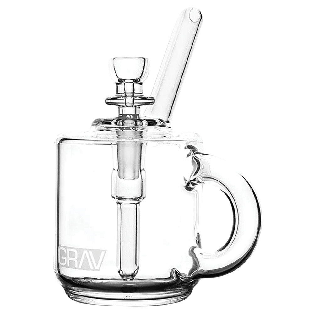 GRAV Coffee Mug Pocket Bubbler in clear borosilicate glass, front view with 10mm female joint