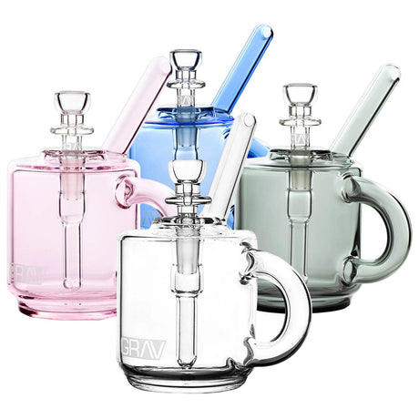 GRAV Coffee Mug Pocket Bubblers in assorted colors with borosilicate glass, 4.25" tall, 10mm F joint