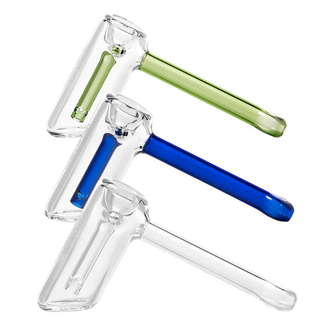 GRAV Mini Hammer Bubblers in blue, green, and clear borosilicate glass, top view