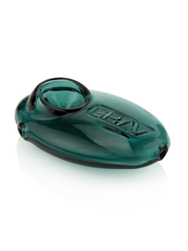GRAV Pebble Spoon in Lake Green, compact borosilicate glass hand pipe, side view on white