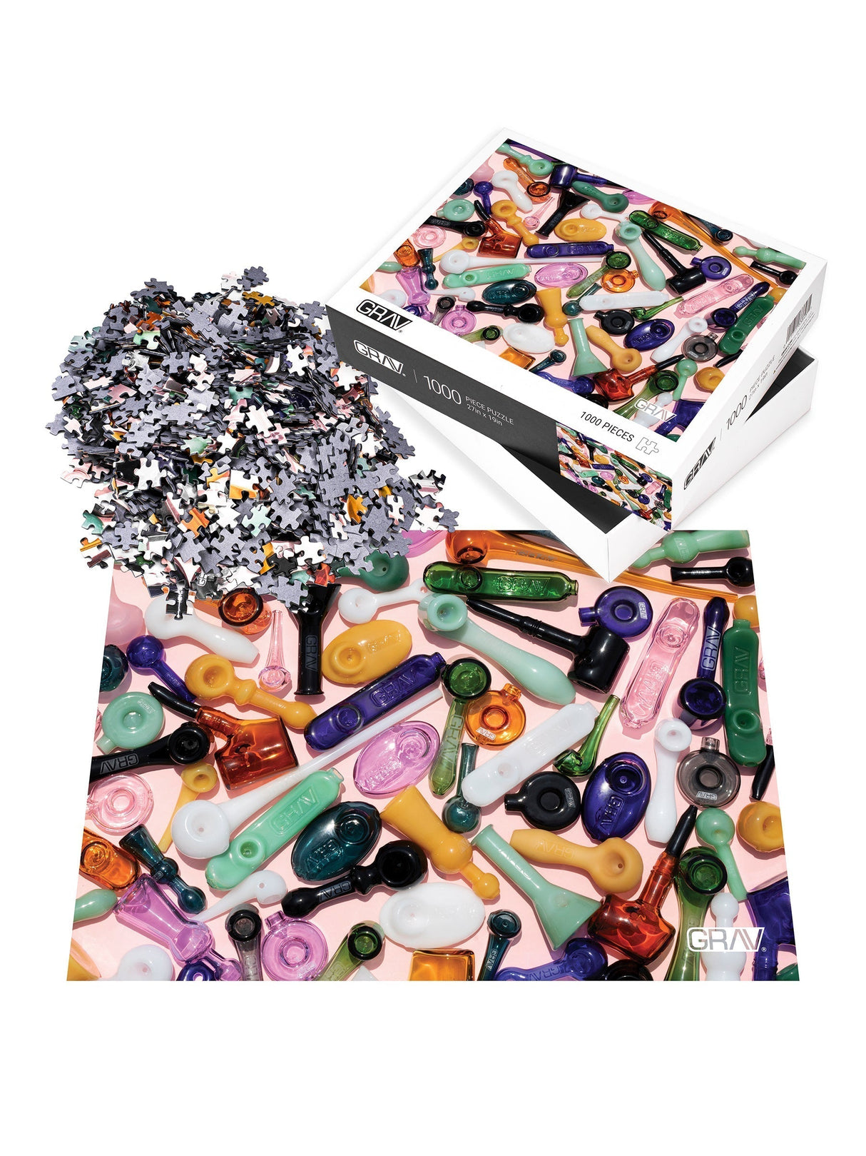 GRAV Puzzle featuring colorful glass pipe pieces, box view with loose jigsaw pieces
