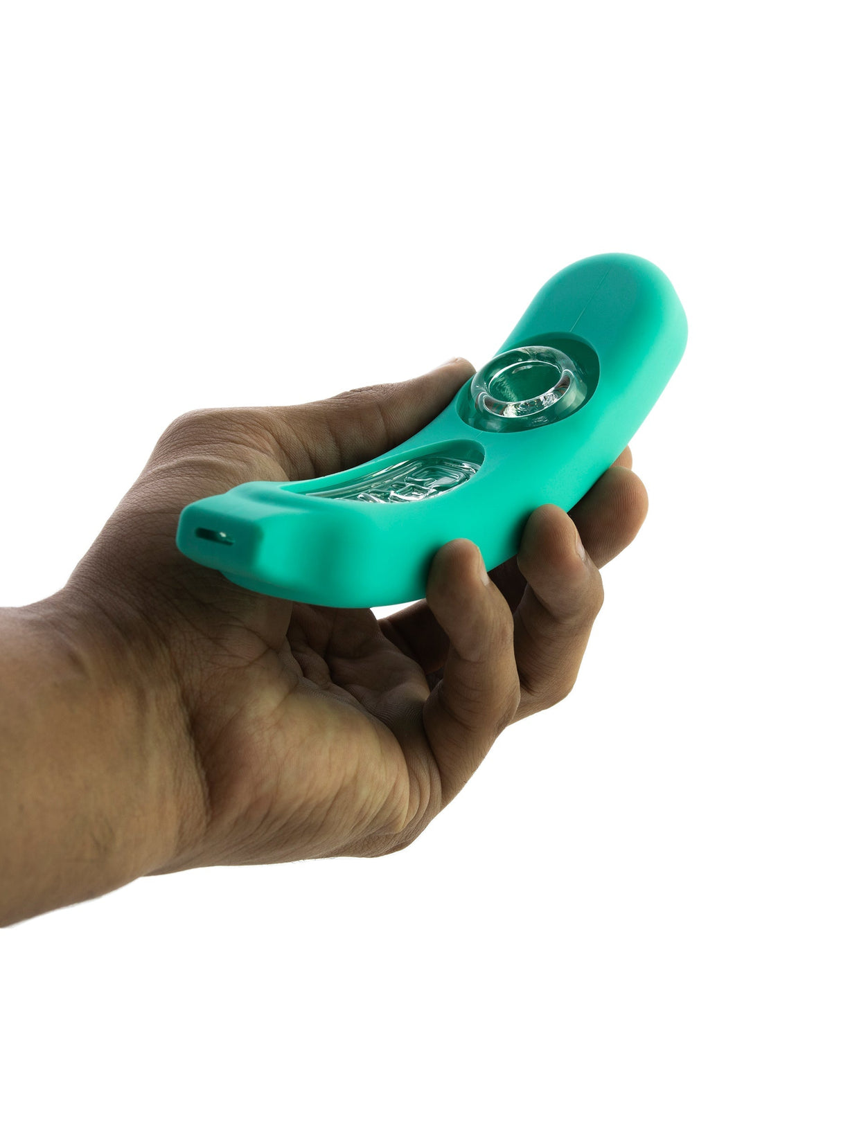 Teal GRAV Rocker Steamroller with Silicone Skin held in hand, showcasing durability and compact design