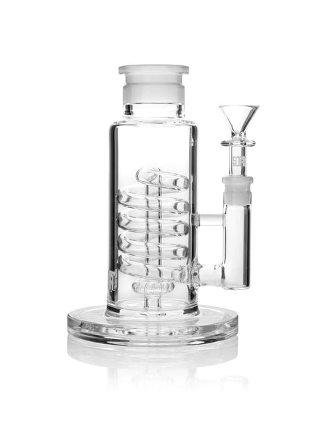 GRAV Stax Coil Showerhead Base made from Borosilicate Glass, 7" height, 90 degree joint angle, clear design, front view.
