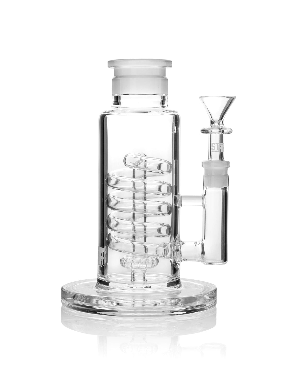 GRAV Stax Coil Showerhead Base made from Borosilicate Glass, 7" height, 90 degree joint angle, clear design, front view.