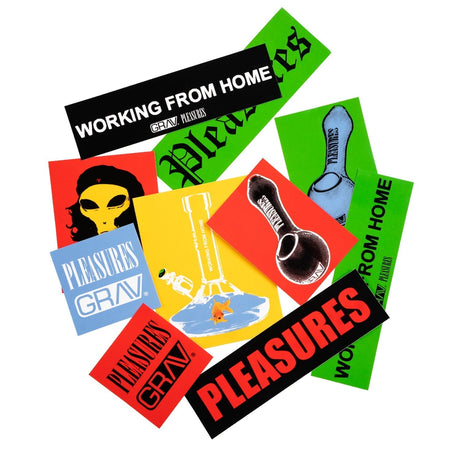 Assorted GRAV Working from Home Sticker Pack featuring colorful designs on a white background