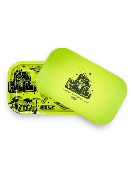 GRAV® 2023 Metal Rolling Tray with Magnetic Lid in Neon Green, Top View