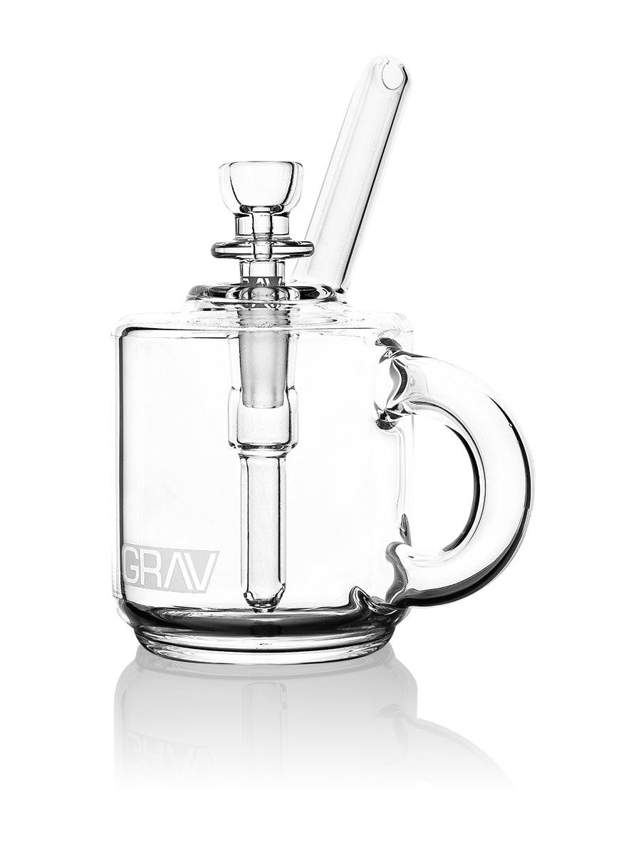 GRAV Coffee Mug Pocket Bubbler in Clear Glass, Front View with Bowl and Stir Tool