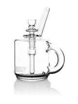 GRAV Coffee Mug Pocket Bubbler in Clear Glass, Front View with Bowl and Stir Tool