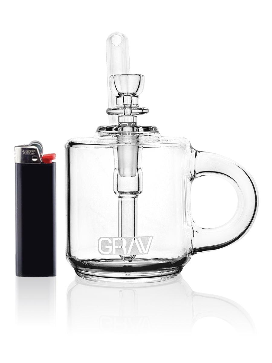GRAV Coffee Mug Pocket Bubbler clear glass side view with lighter for scale