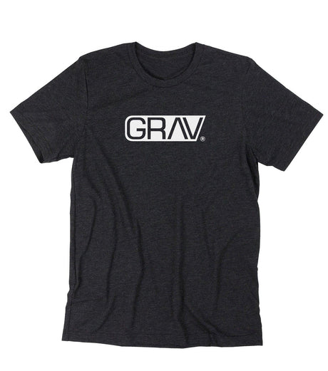 GRAV® Heather Black Logo T-Shirt front view on a seamless white background