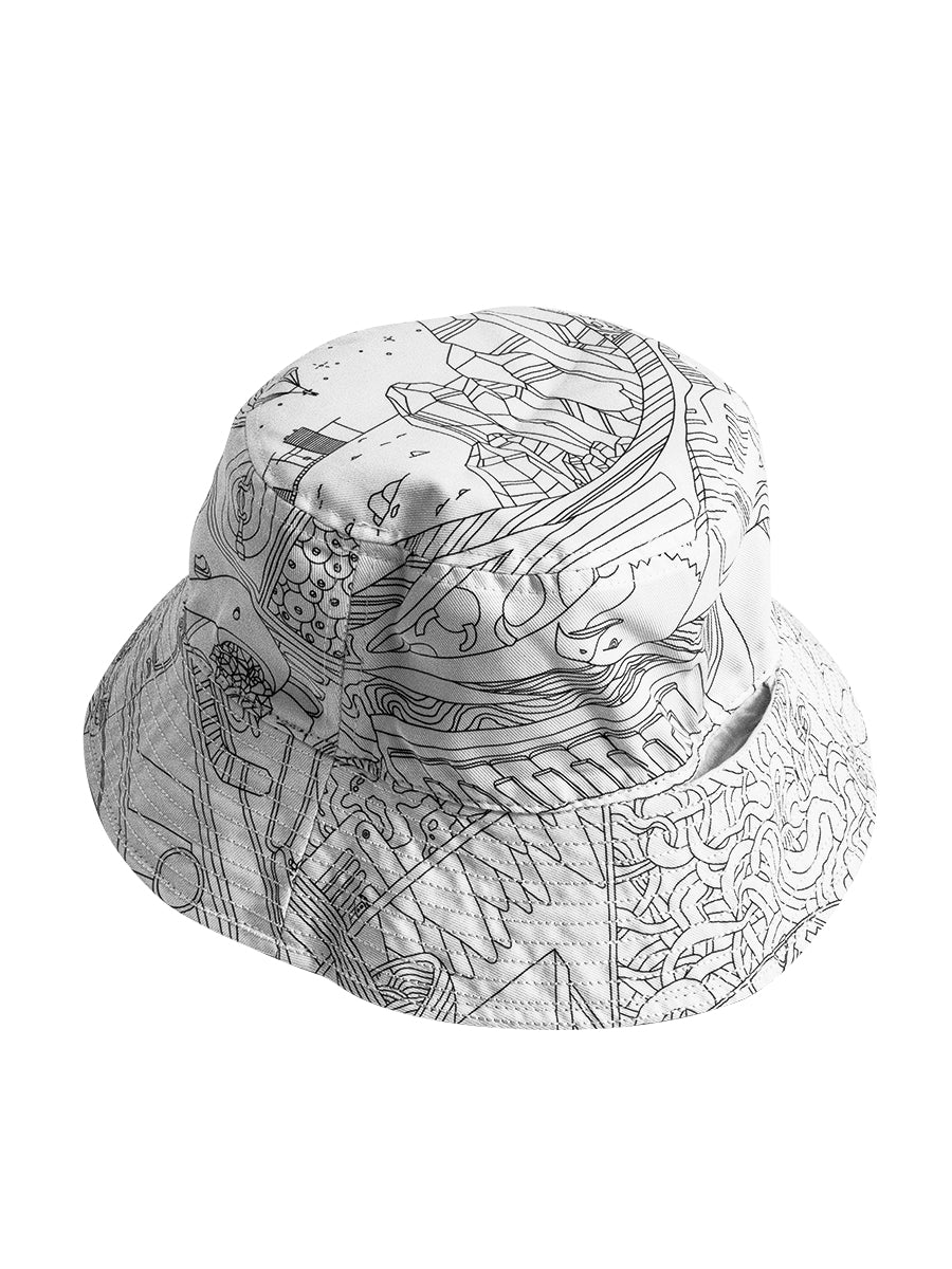 GRAV® Logo Reversible Bucket Hat in black and white with intricate design, side view on white background