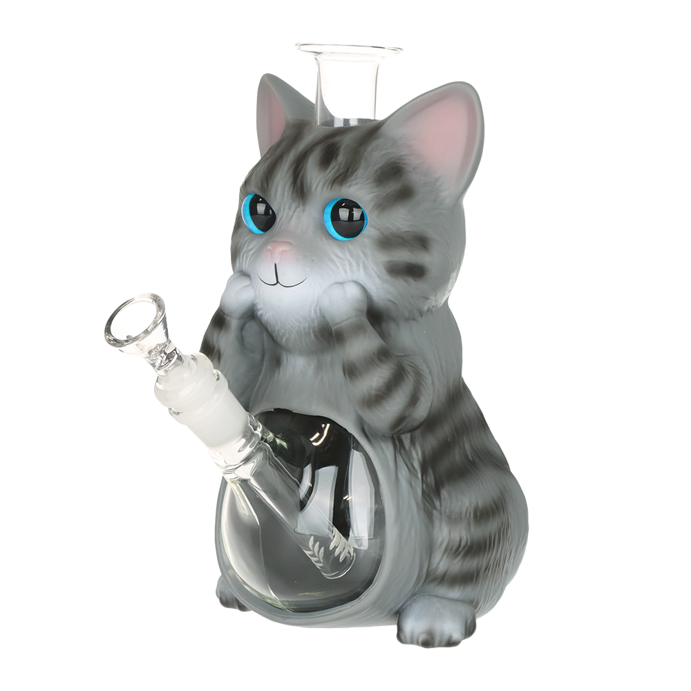 Gray Tabby Cat Glass & Vinyl Water Pipe | 9" | 14mm F