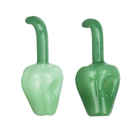 Borosilicate Glass Green Bell Pepper Hand Pipe, Front and Side Views
