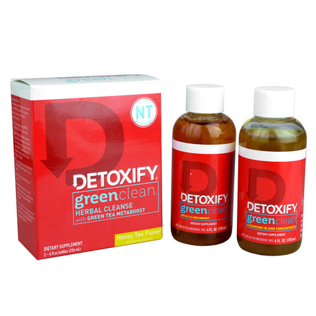 Detoxify Green Clean Herbal Cleanse in Honey Tea Flavor with box and bottles displayed