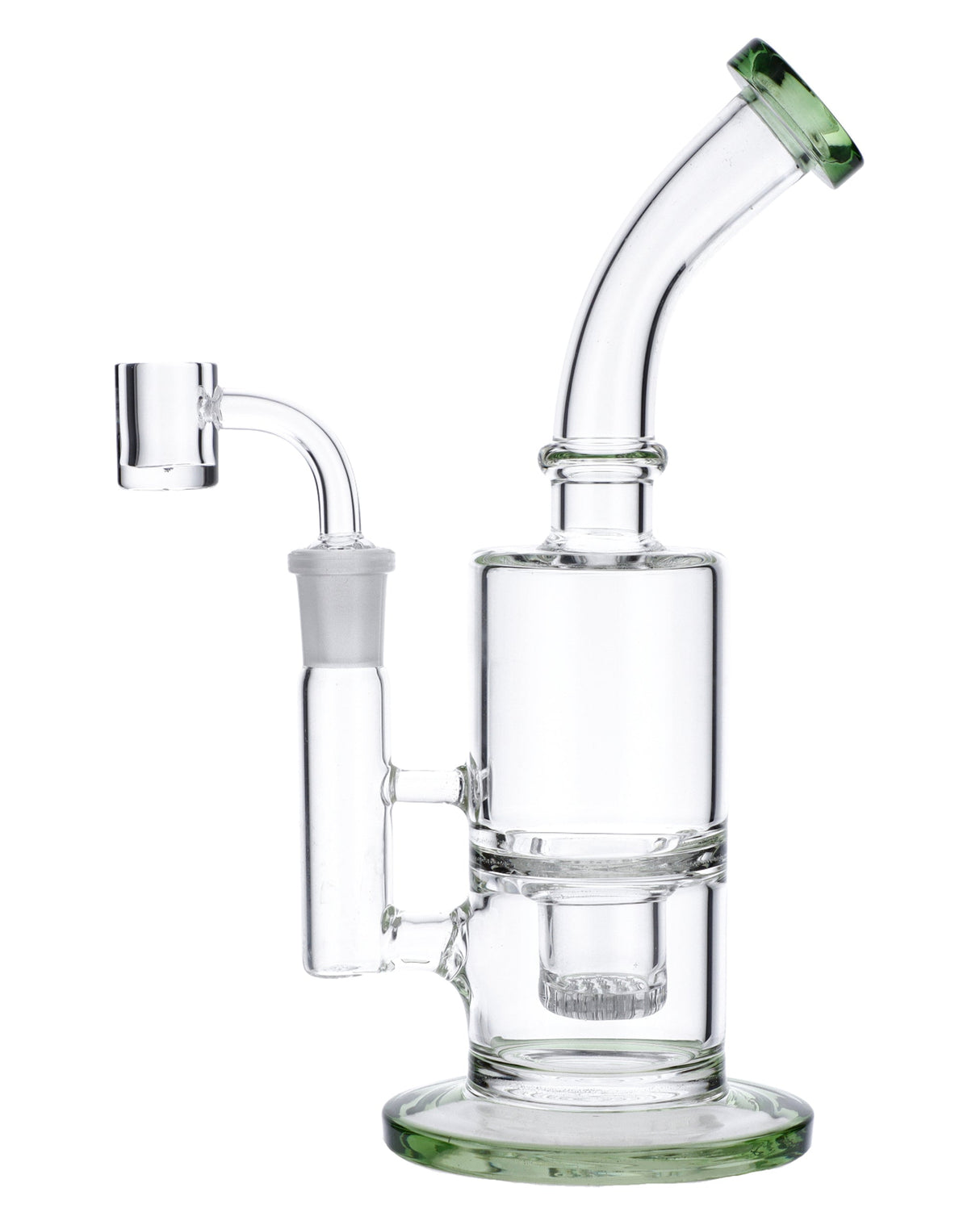 Valiant Distribution Green Glass Bubbler Rig, 8" with Banger Hanger Design, Front View on White Background