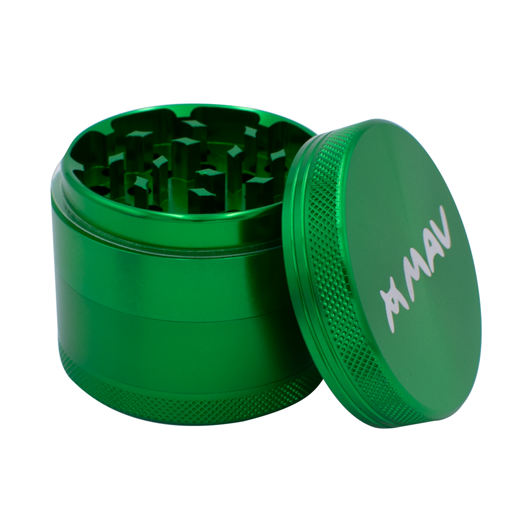 Green MAV 4-Piece Grinder with textured grip and smooth turning action - Top View