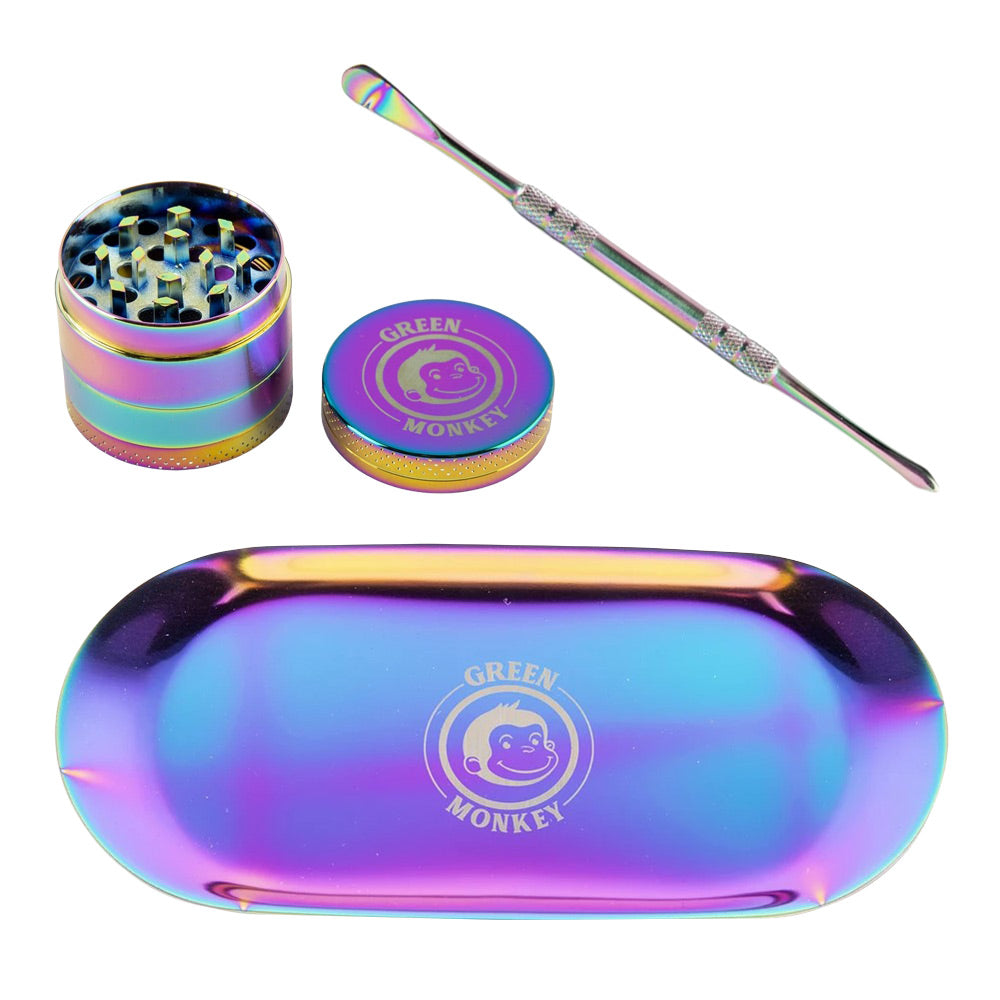 Green Monkey Rainbow Finish Rolling Tray & Grinder Kit, Compact Metal Design, 7" x 3.5"