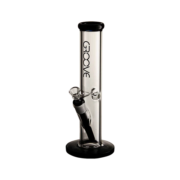 Groove Straight Tube Water Pipe for Dry Herbs, Front View on Seamless Black Background