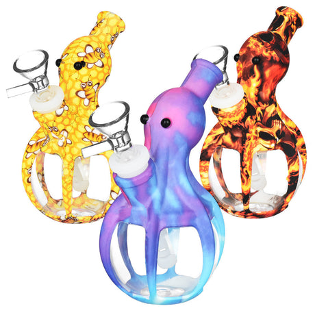 Guardian Octopus Water Pipes in Yellow, Blue, and Red with Fire Patterns, Borosilicate Glass