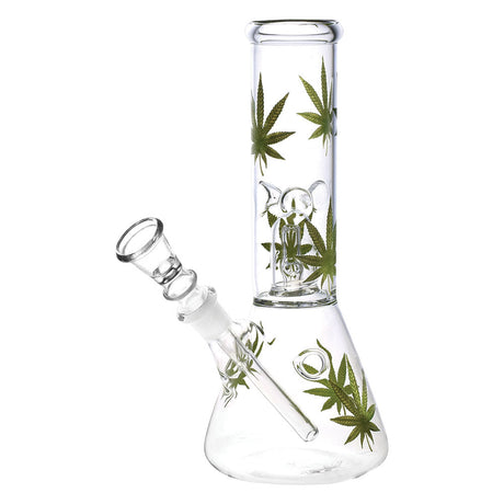 Habitual Hemp Leaf Beaker Water Pipe, 8", 14mm Female Joint, Borosilicate Glass, Front View