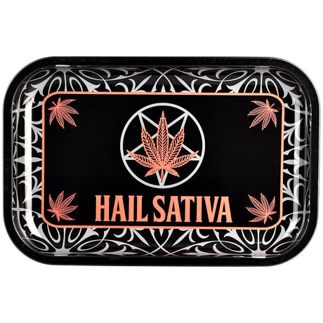 Hail Sativa Metal Rolling Tray with ornate design, top view, 11.25" x 7.5" size on white background