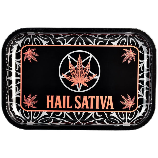 Hail Sativa Metal Rolling Tray with ornate design, top view, 11.25" x 7.5" size on white background