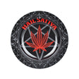 Hail Sativa 5.25" Round Metal Ashtray in Black with Red Cannabis Leaf Design - Top View