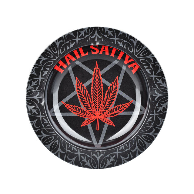 Hail Sativa 5.25" Round Metal Ashtray in Black with Red Cannabis Leaf Design - Top View