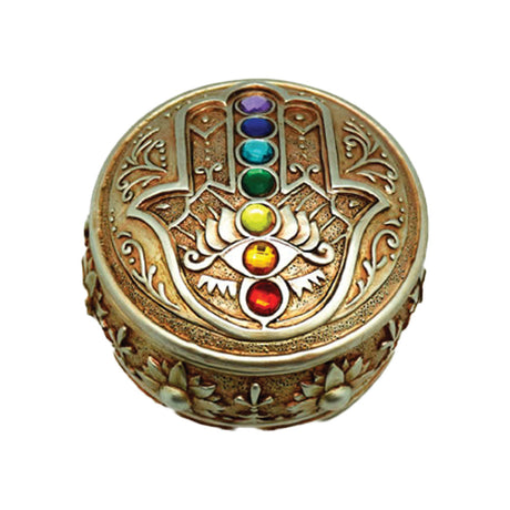 Hamsa Round Stash Box with Chakra Jewel Lid, compact design, top view on white background