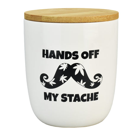 32oz Hands Off My Stache Ceramic Stash Jar with Bamboo Lid - Front View
