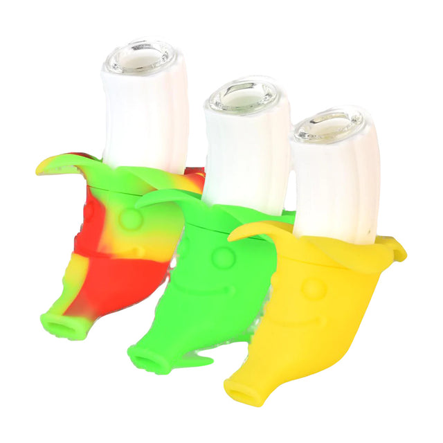 Colorful Happy Banana Silicone Hand Pipes for Dry Herbs, Portable Design, Front View
