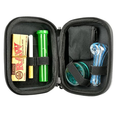 Happy Kit Deluxe - Portable black smell-proof case with pipe, grinder, and storage jars