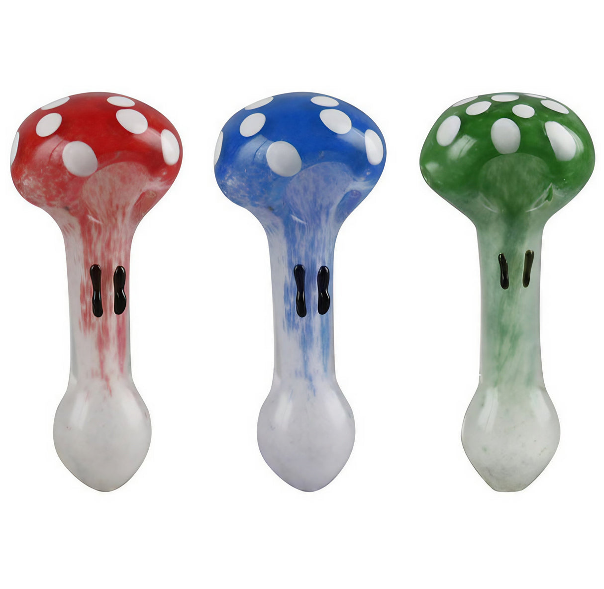 Happy Mushroom Spoon Pipes in red, blue, and green, compact 4.2" borosilicate glass, front view