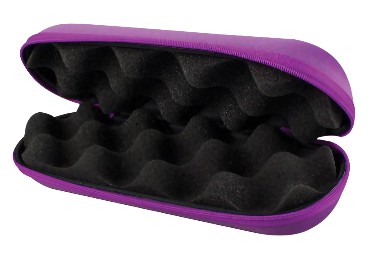 Open purple hard shell protective pouch for pipes and vapes with foam interior