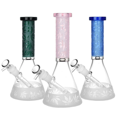 Harmonic Hemp Leaf Beaker Water Pipes in green, pink, and blue - Front View with 14mm Bowl