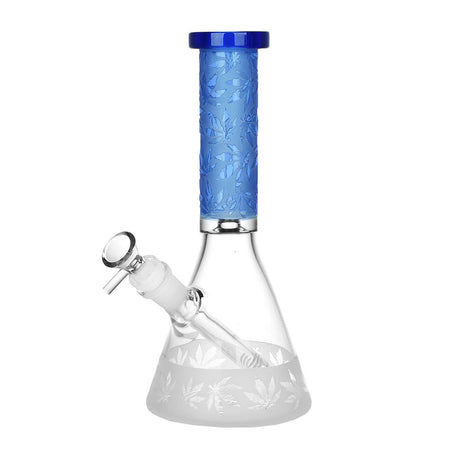Harmonic Hemp Leaf Beaker Water Pipe, 9.5" tall, 14mm female joint, with blue accents - Front View