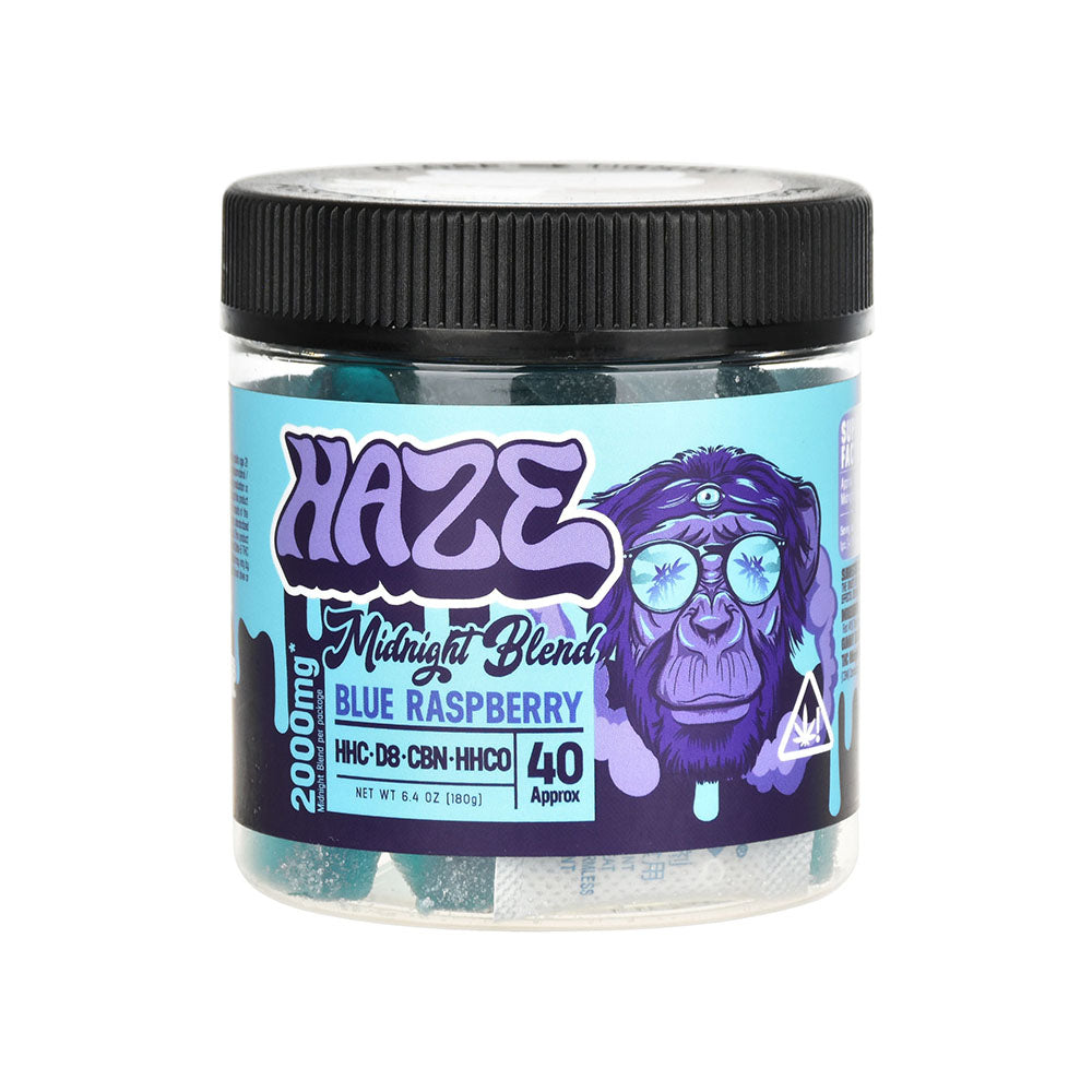 Haze Midnight Blend 2000mg Blue Raspberry Gummies in clear jar, front view on white background